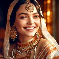 A pretty girl wearing a saree and gold jewelry in abstract background photo