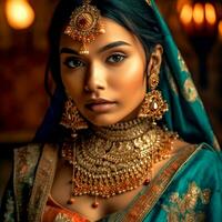 AI Generative A indian girl wearing an Indian saree and gold jewelry photo
