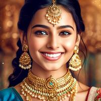 An gragarious girl wearing a saree and strong jewelry on a blurred background photo