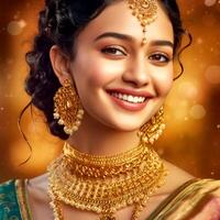 A close-up of a beautiful Indian girl wearing a saree and strong jewelry on blurred background photo