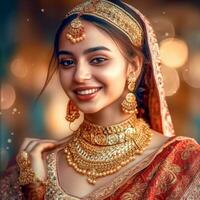 AI Generative A close-up of a cute faced smiling girl wearing a saree and jewelry on a party background photo