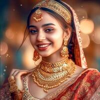 AI Generative A close-up of a cute faced smiling girl wearing a saree and jewelry on a party background photo