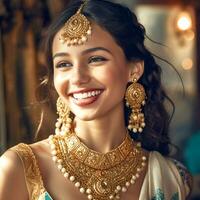 AI Generative A beautiful girl wearing an stylish Indian saree and gold jewelry photo