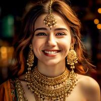 AI Generative Close-up of a beautiful girl with beautiful eyes wearing a saree and jewelry photo