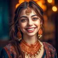 AI Generative A beautiful girl wearing an Indian saree and jewelry photo
