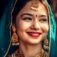 A teen girl with beautiful eyes wearing a Indian saree and jewelry in a blurred background photo
