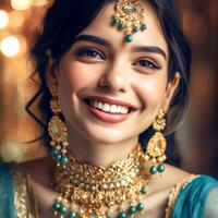 A beautiful girl with beautiful eyes wearing an blue color Indian saree and gold jewelry photo