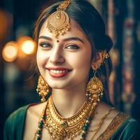Gregarious Indian girl with beautiful eyes wearing a saree and jewelry in a blurred background photo