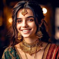 Close-up of a cute girl with beautiful eyes wearing a saree and jewelry in a blurred background photo