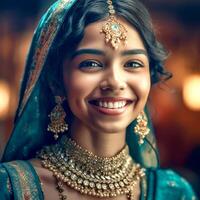 AI Generative Indian girl with beautiful eyes wearing a green saree and jewelry in a blurred background photo