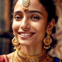 A close up of a gregarious girl with a cute face in an abstract saree and gold jewelry on an abstract background photo