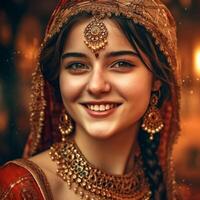 A Indian girl with a beautiful face in a red saree and jewelry in a blurred background photo