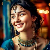 ai generativo un bonito niña con un linda cara en un verde sari y oro joyería en un borroso antecedentes foto