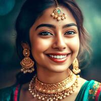 AI Generative A Indian girl with a beautiful eyes in a saree and jewelry in a blurred background photo