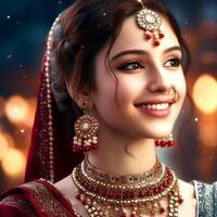 A pretty girl with a cute face in an abstract saree and gold jewelry on a blurred background photo