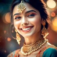 ai generativo de cerca de un gregario niña con un linda cara vistiendo un verde sari y oro joyería en un resumen antecedentes foto