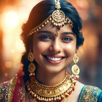 ai generativo un hermosa indio niña con un hermosa cara en un sari y joyería en un borroso antecedentes foto