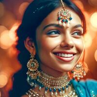 A Indian girl with a beautiful face in a saree and jewelry in a blurred background photo