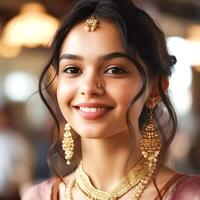 AI Generative Gregarious girl in a saree and gold jewelry photo