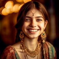 AI Generative Smiling Indian girl in saree and gold jewelry in party background photo