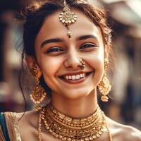 AI Generative A asian girl with a beautiful face in a saree and jewelry in a blurred background photo