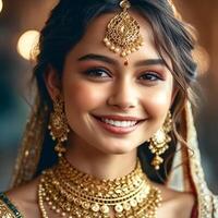 AI Generative Indian girl with a beautiful face in a saree and jewelry photo