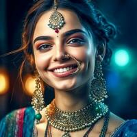 AI Generative Indian girl with a cute face in a saree and jewelry in dark background photo