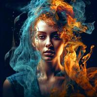 A girl posing the camera over the colorful smoke photo