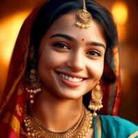 AI Generative Smiling beautiful girl in a indian saree and gold jewelry photo