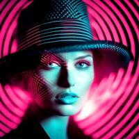 A close-up of a beautiful girl wearing a hat on red background photo