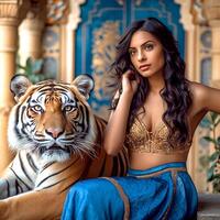 a adorable girl sitting with a fierce tiger photo