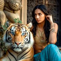 AI Generative A beautiful girl sitting with a fierce tiger photo