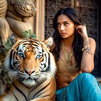 A beautiful girl sitting with a fierce tiger photo