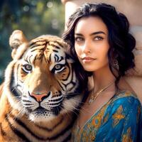 a adorable women sitting with a fierce tiger photo