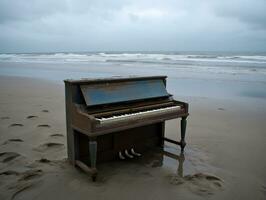 Blue Piano on Empty Beach. Minimalist Concept Photography. Ai Generated photo