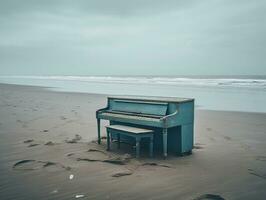 Blue Piano on Empty Beach. Minimalist Concept Photography. Ai Generated photo