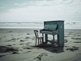 Blue Piano on Empty Beach. Minimalist Concept Photography. Ai Generated photo