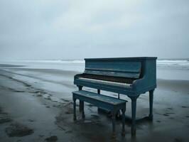 Blue Piano on Empty Beach. Minimalist Concept Photography. Ai Generated photo