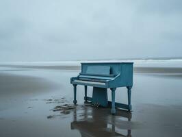 Blue Piano on Empty Beach. Minimalist Concept Photography. Ai Generated photo