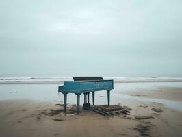 Blue Piano on Empty Beach. Minimalist Concept Photography. Ai Generated photo