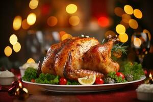 Thanksgiving Turkey against a festive Christmas bokeh background AI Generated photo