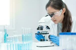 Scientist analyze biochemical samples in advanced scientific laboratory. Medical professional use microscope look microbiological developmental of viral. Biotechnology research in science lab. photo