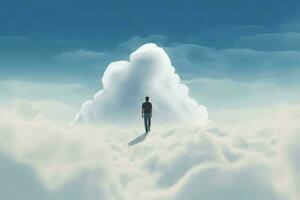 Man walk over clouds. Generate Ai photo