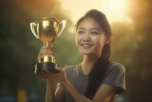 Cheerful asian student won. Generate Ai photo