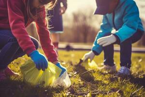 Children picking up trash. Generate Ai photo