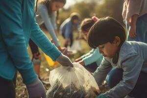 Children picking up trash in park. Generate Ai photo