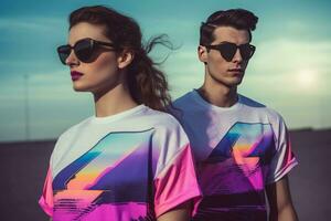 Retrowave fashion clothing of couple. Generate Ai photo