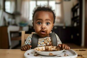 Afroamerican baby eating shock. Generate Ai photo