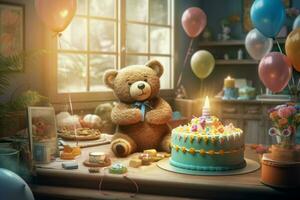 Birthday teddy bear. Generate Ai photo