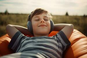 Boy listen music headphones. Generate Ai photo